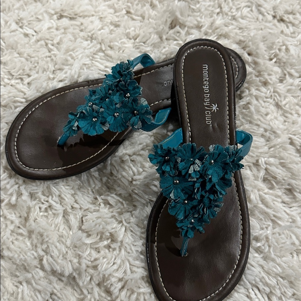 MONTEGO BAY CLUB Bohemian Teal Floral Embellished Thong Sandals for Women Sz 8
